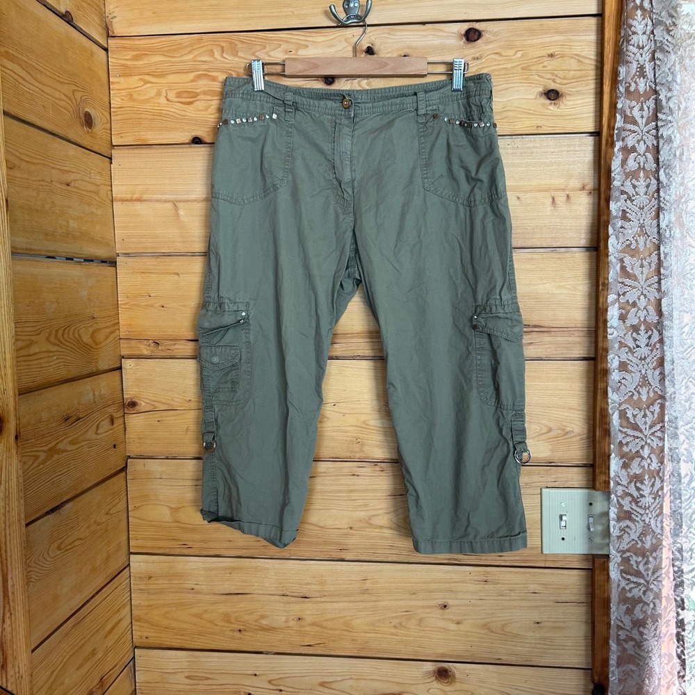Cargo Capri Pants Size 14 Khaki Green Studded Utility Melanie Lyne Y2K Hiking